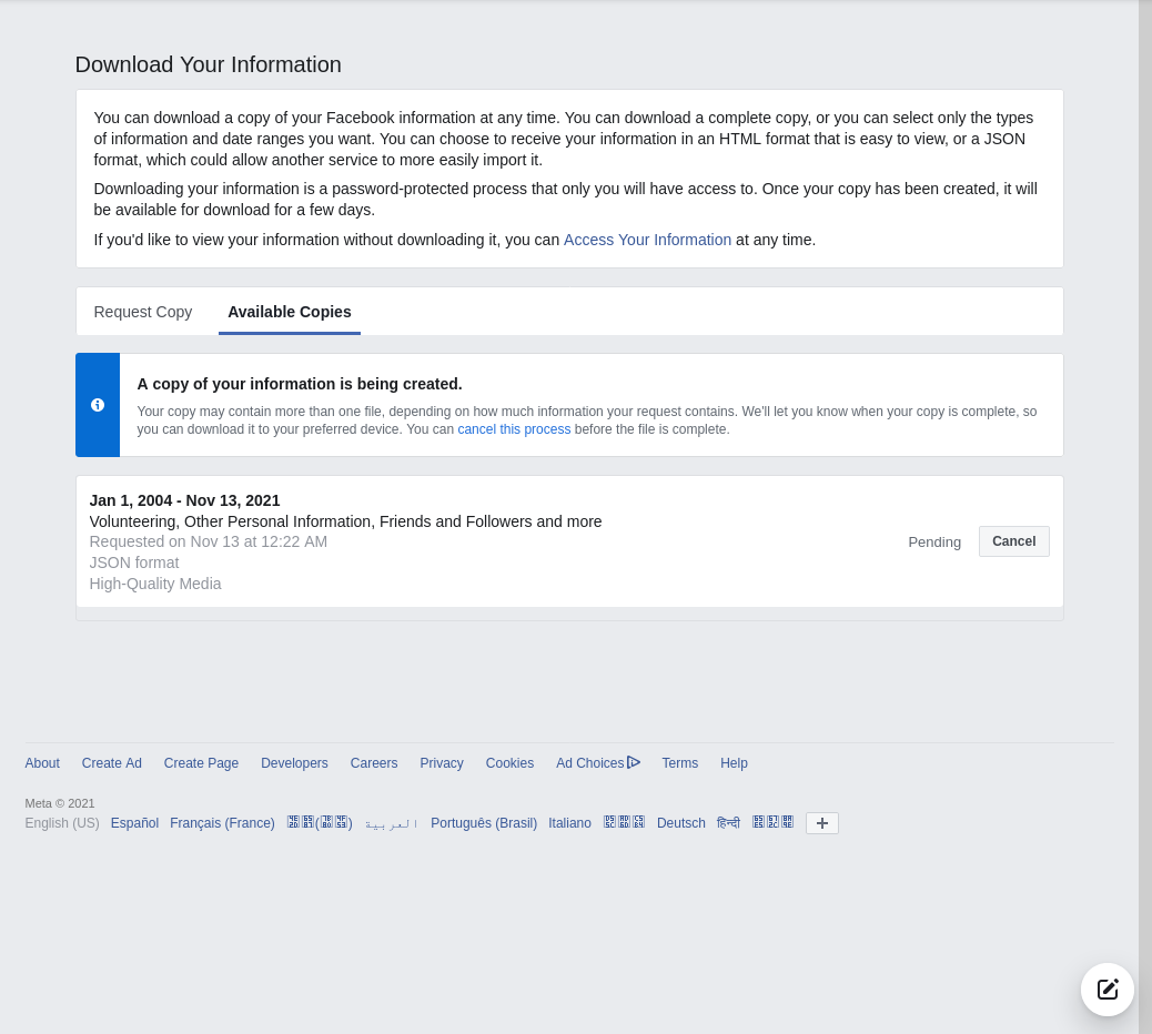 Screenshot of the 'Available Copies' screen while archive is being generated.