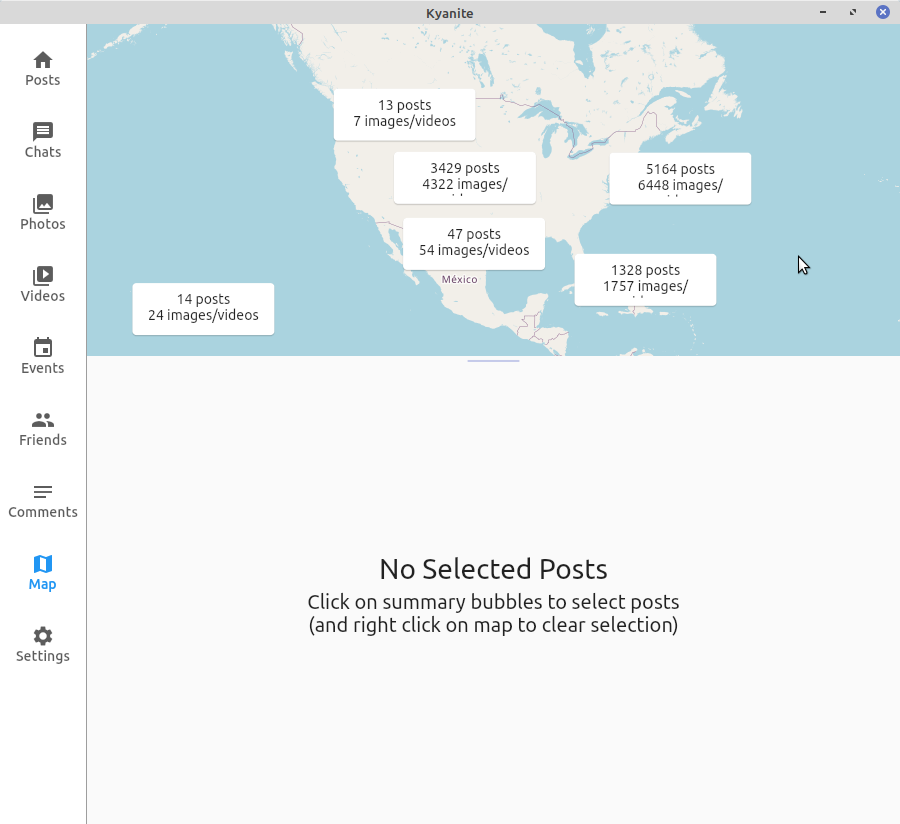 Map view showing zoomed out with no posts selected