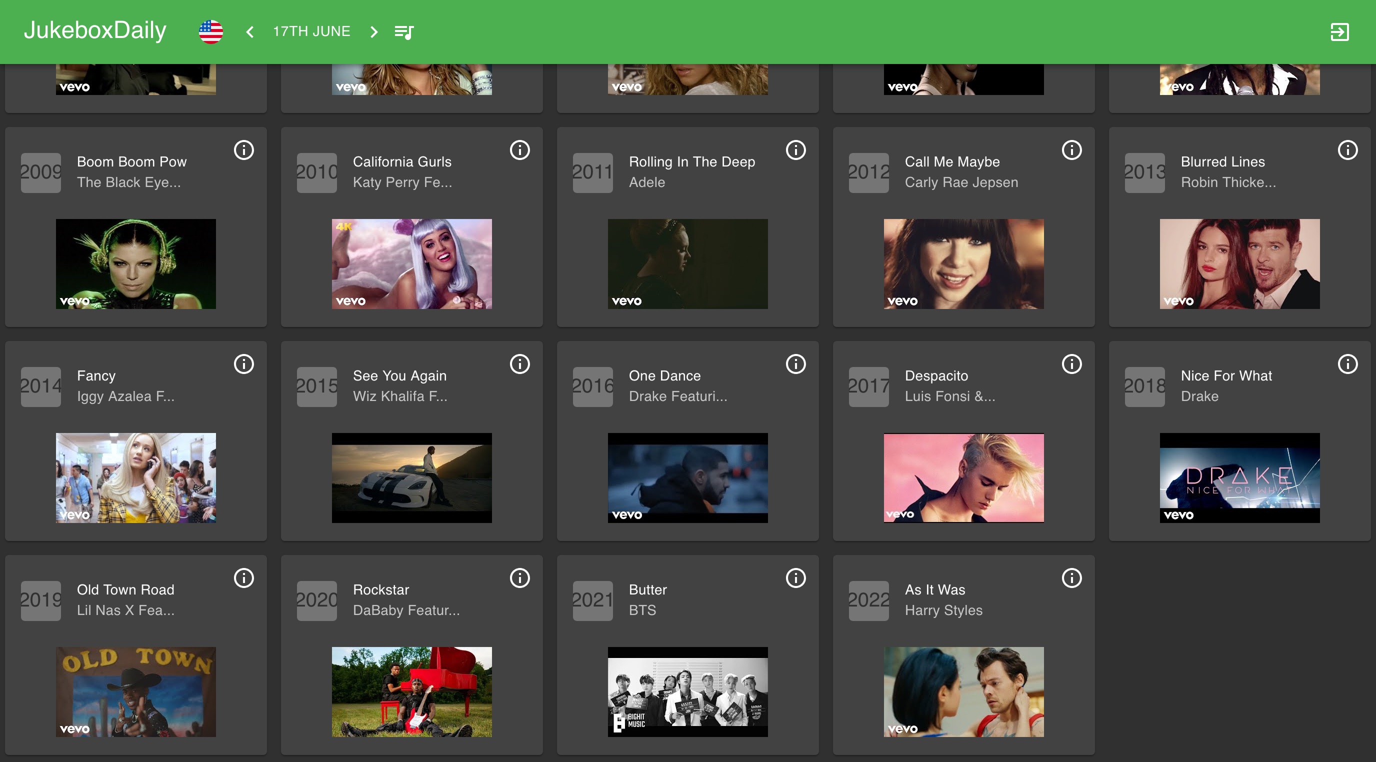 Screenshot of the JukeboxDaily site showing the grid view of each #1 song by year.