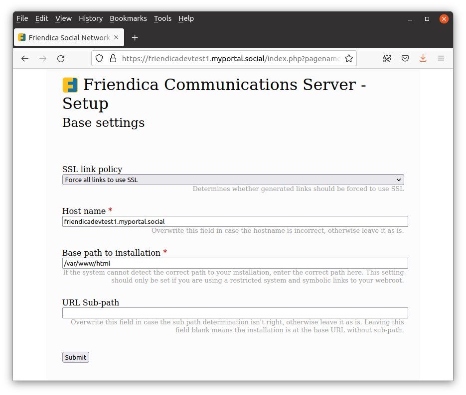 Friendica Install Wizard Screen #2: The base configuration for the Friendica site