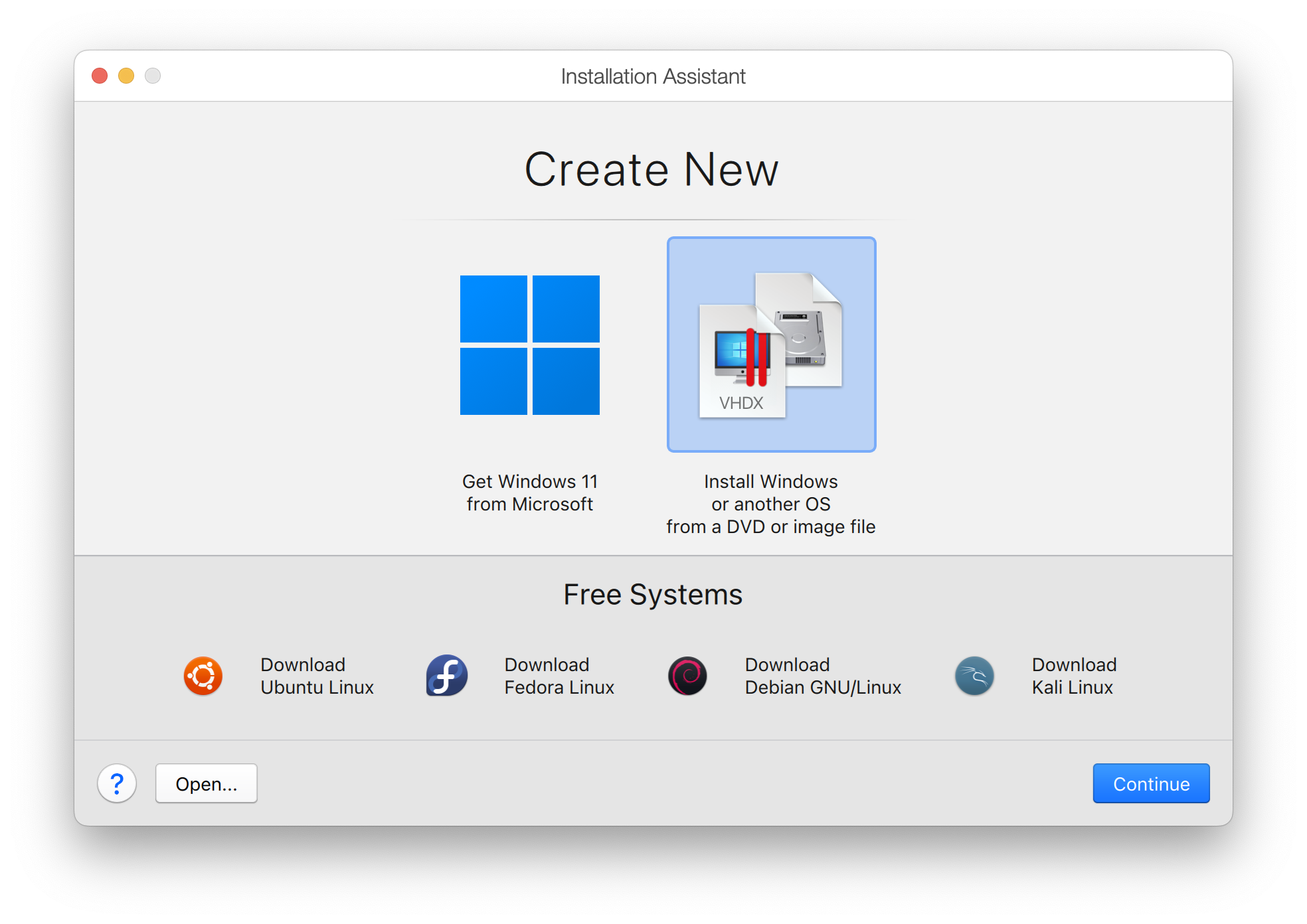 Parallels Install Wizard Initial panel where you select the manual install option
