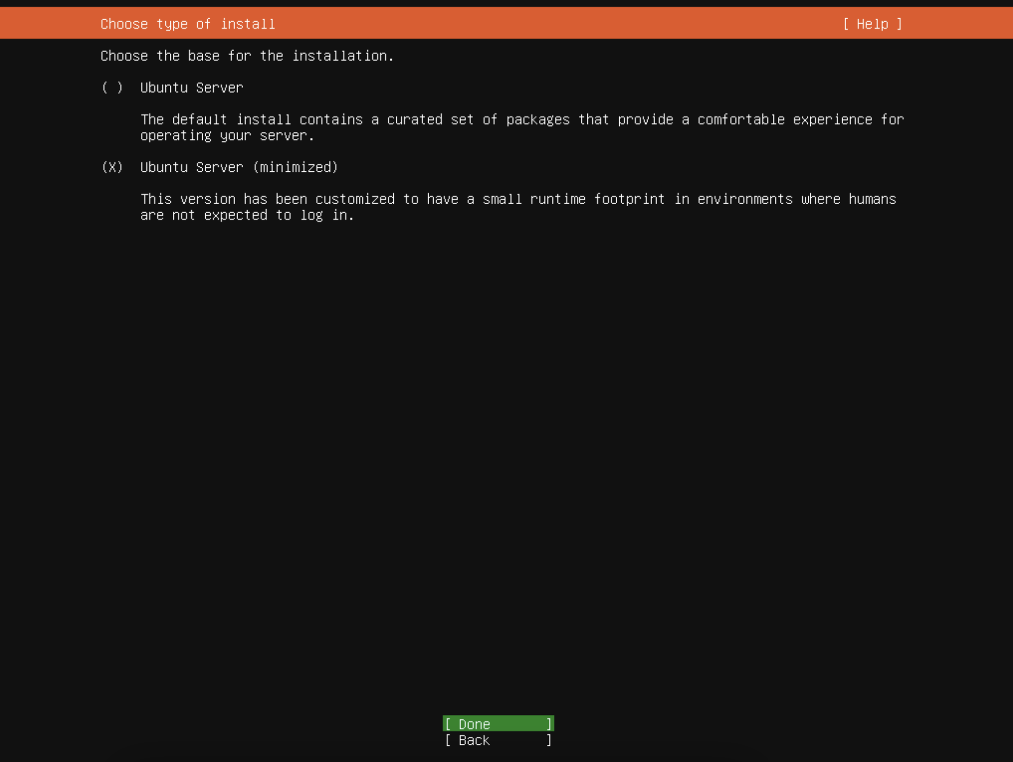 Ubuntu Server install selecting minimum install