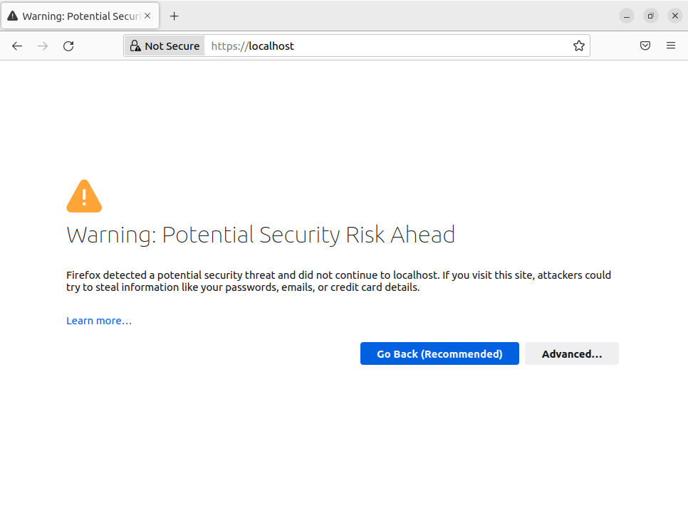Screenshot of Firefox's security warning because of our self-signed certificate.