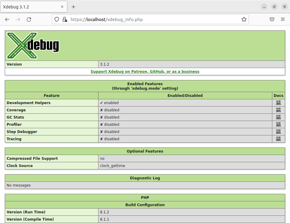 Screenshot of Firefox rendering our Xdebug Info PHP page.