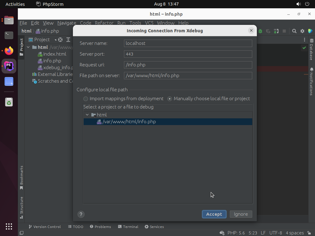 Screenshot of PHPStorm automatically configure the HTTPS connection