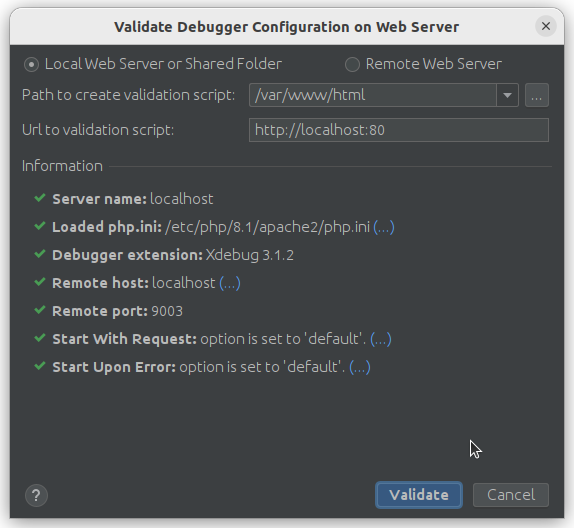 Screenshot of the PHP remote server validation at end of process