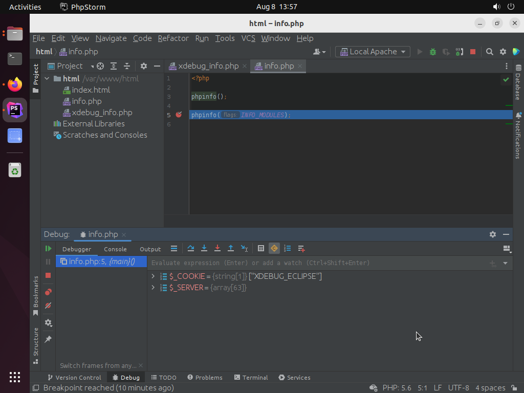 Screenshot of PHPStorm debugging our Apache hosted website