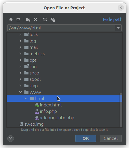 Screenshot of PHPStorm open existing source folder
