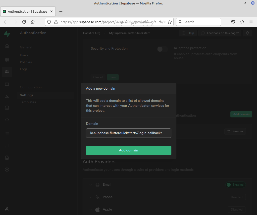 Screenshot showing adding the deep link URL