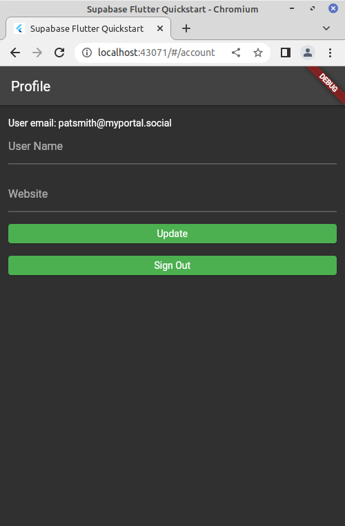 Screenshot of the account page for this demo