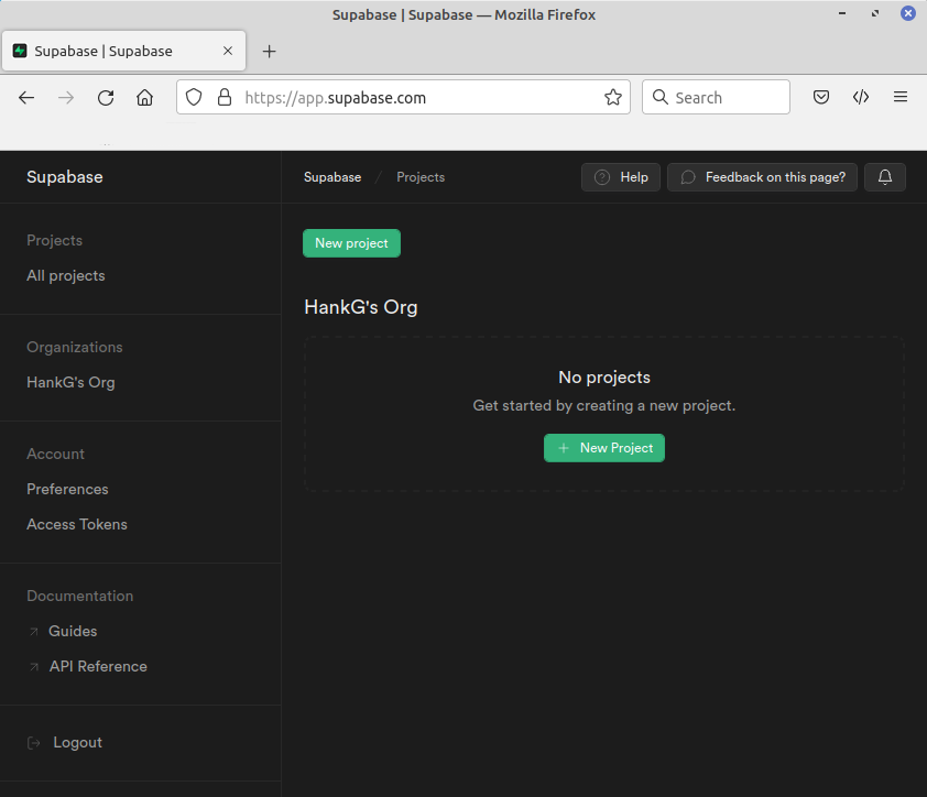Screenshot of Supabase account screen with no projects
