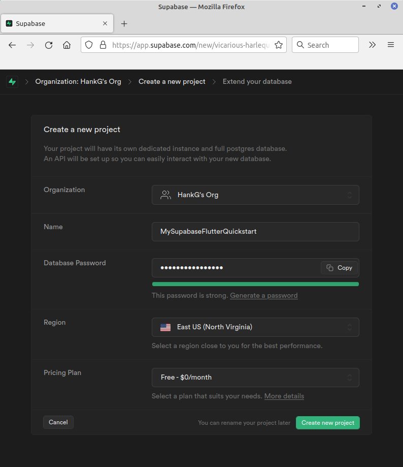 Screenshot of Supabase account project creation screen