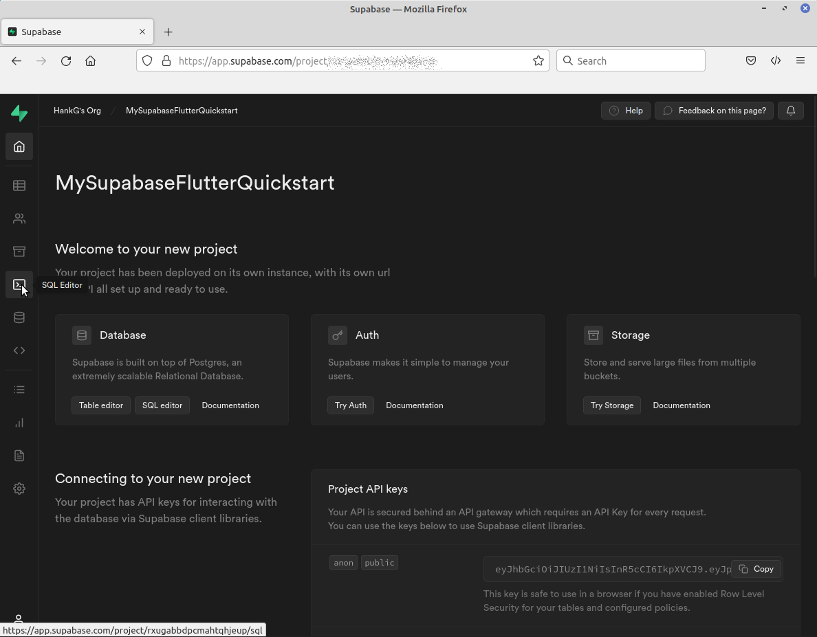 Screenshot of Supabase project home screen