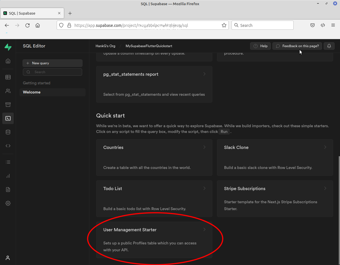 Screenshot showing where the SQL Editor quick start queries