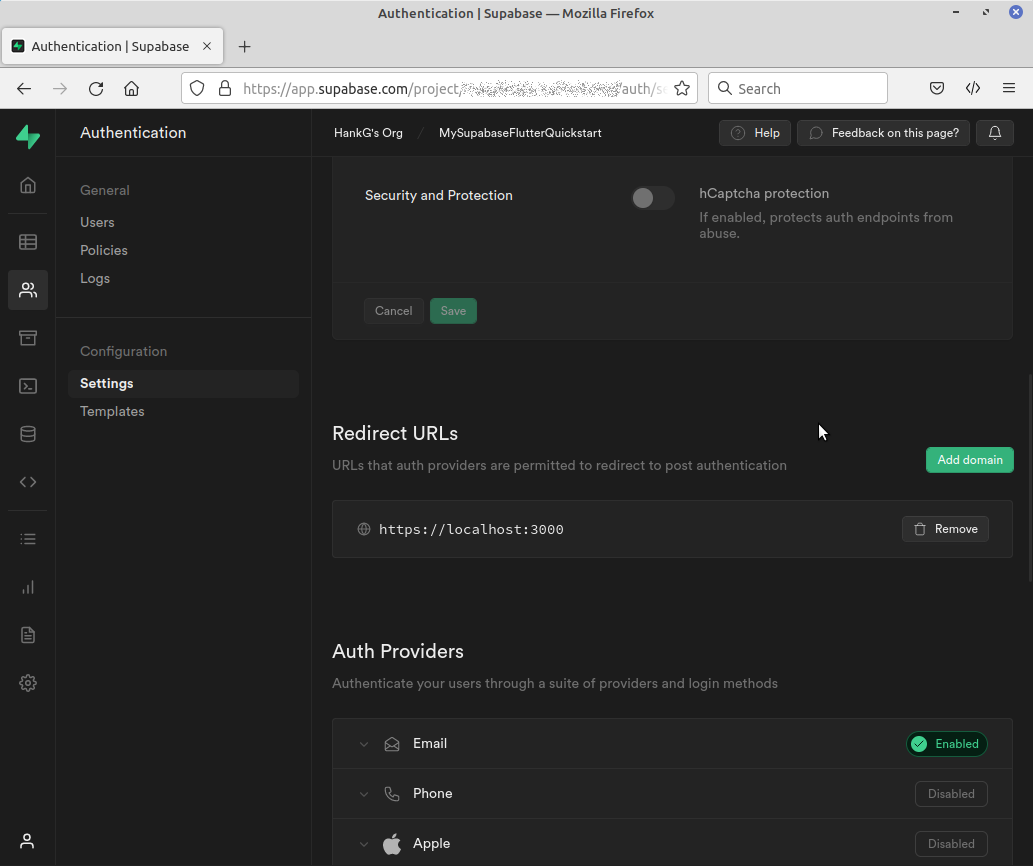 Screenshot showing where the redirect URLs part of the authentication panel