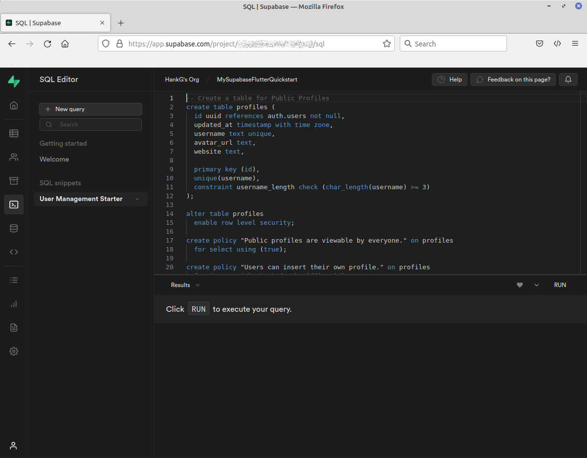 Screenshot showing where the SQL Editor with the user management starter query.