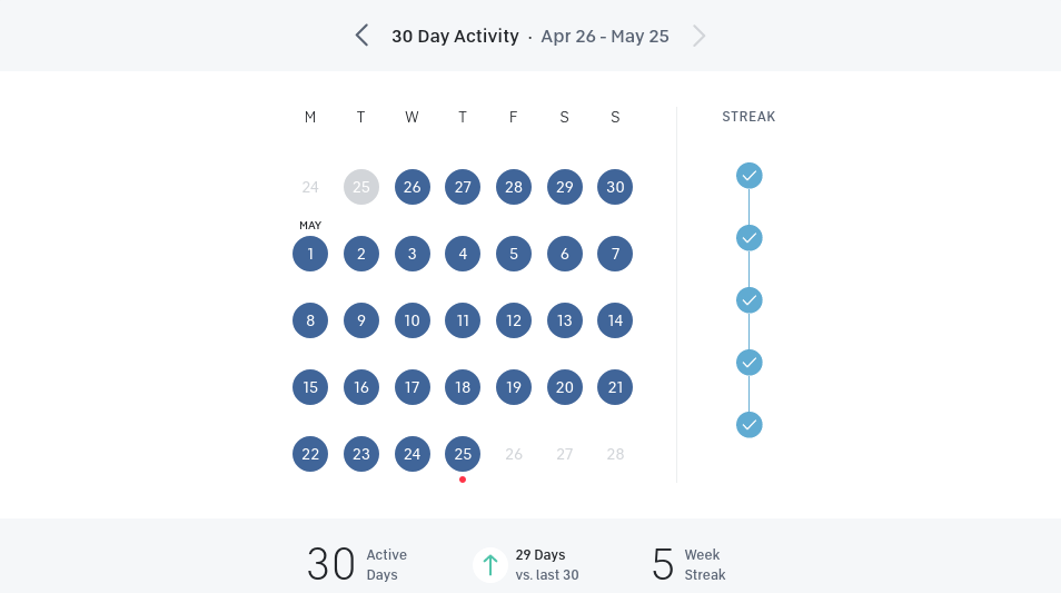 Screenshot of the Peleton Workout History Calendar showing 30 days record