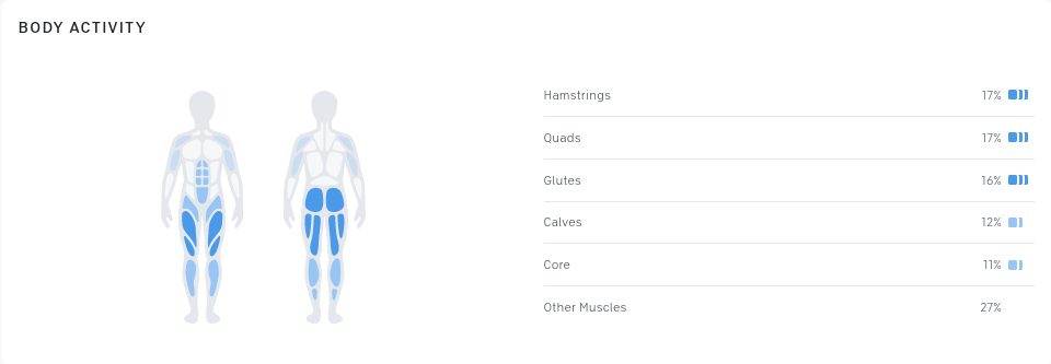 Peloton body activity diagram showing subsantial activation of muscles throughout the legs, glutes, and other areas